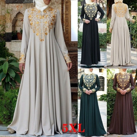 Women's Kaftan Abaya Golden Print Islamic Muslim Party Dress